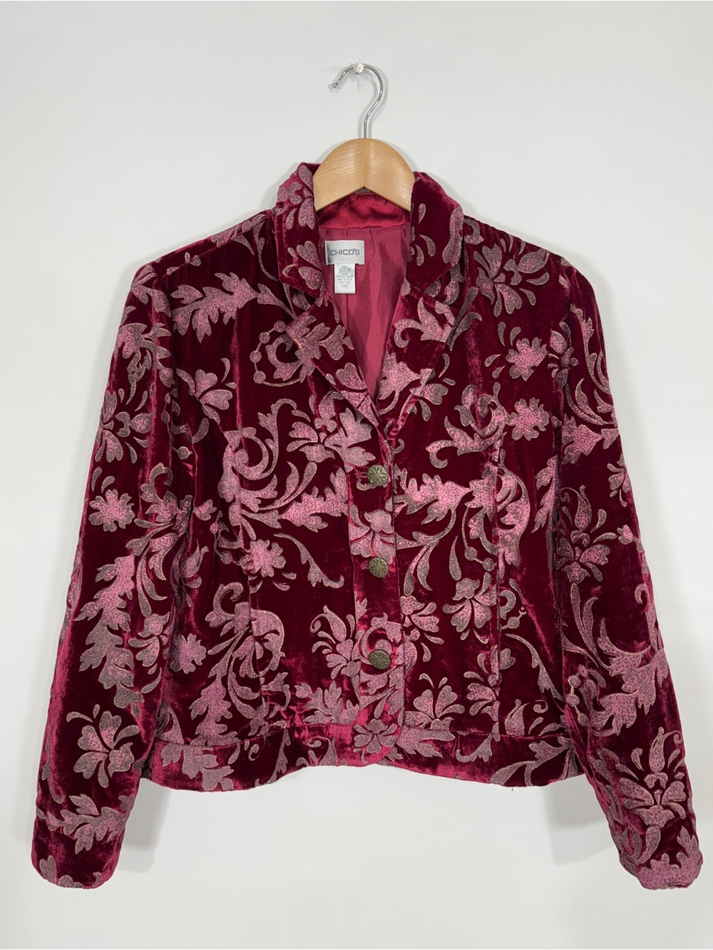 WJT56 {Chicos} Burgundy Velvet Glitter Floral Suit Coat Blazer Jacket